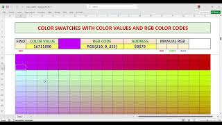 RGB codes and color values using an automated excel sheet