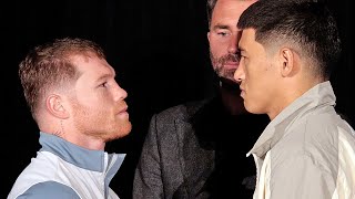 CANELO ALVAREZ INTENSE STARE DOWN WITH DMITRY BIVOL IN FIRST FACE OFF AT GRAND ARRIVAL IN LAS VEGAS