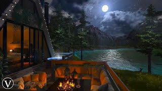 Lakeside Cabin | Night Ambience | Firepit, Water & Forest Nature Sounds