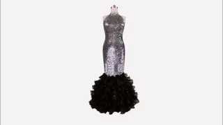 SequinQueen Long dress in metallic silver sequin spangles fabric with black organza ruffles and Chin