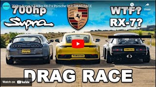 Carwow video featuring a Whifbitz tuned 700hp Supra v 840kg RX7 v Porsche 911 DRAG RACE