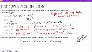 Unit 1.5 Lesson 9: Intro to Perfect Squares