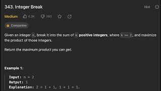 Dynamic programming Leetcode-343 Integer break -Python