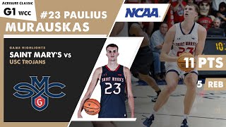 GAME HIGHLIGHTS PAULIUS MURAUSKAS Saint Mary's Gaels vs USC Trojans G1 Acrisure Classic NCAA basket