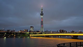 東京スカイツリー　ライトアップ　　レインボー　2020　8.31　隅田川　桜橋