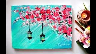 Easy Cherry Blossom Flowers With hangings lamps Painting/ Diwali Special