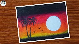 How to Draw Nature Scenery of Sunset | Drawing of Nature | Oil pastel drawing for beginners