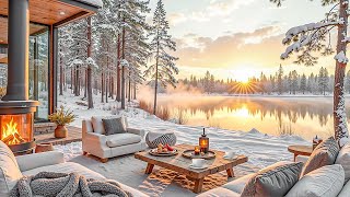 Snowy Lakeside Porch Ambience in Cozy Morning ❄ Soft Jazz Music \u0026 Fireplace Glow to Relax and Unwind