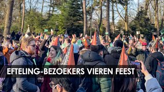 Drukte tijdens feestmoment Efteling: plein vol dansende bezoekers en medewerkers (12 februari 2022)