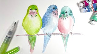 How to Paint Cute Colorful Easy Birds in Watercolor - Pretty Budgies or Parakeets for Beginners