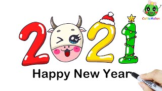 學畫有趣的2021年新年快樂🎉 How to Draw 2021 ｜Happy New Year 2021 🎉【西瓜寶寶學畫畫學英語】兒童繪畫 簡筆劃教程