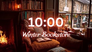10 minute timer winter bookstore with relaxing jazz and crackling fire