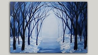 Acrylic Painting Snowy Winter Forest Path