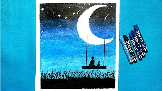 Easy Moonlight Night Scenery Drawing | Oil Pastel Drawing Step By Step | Beginners Drawing