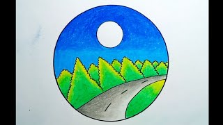 How To Draw Moonlight Scenery Simple For Beginners |Drawing Moonlight Scenery In A Circle