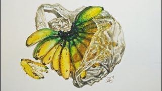 Realistic Watercolor Painting - How to paint bananas and plastic