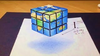 Drawing 3D Earth in cube, Anamorphic illusion with Technique
