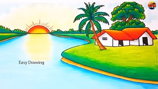 How to Draw a Beautiful Village Sunset Scenery (Step-by-Step) Easy Sunset Scenery Drawing Tutorial