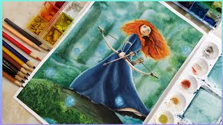 painting MERIDA from BRAVE| watercolor \u0026 color pencils/ disney Princess drawing