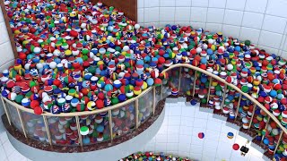 44, 000 national flag balls flow on the spiral stair -- rigid body animation