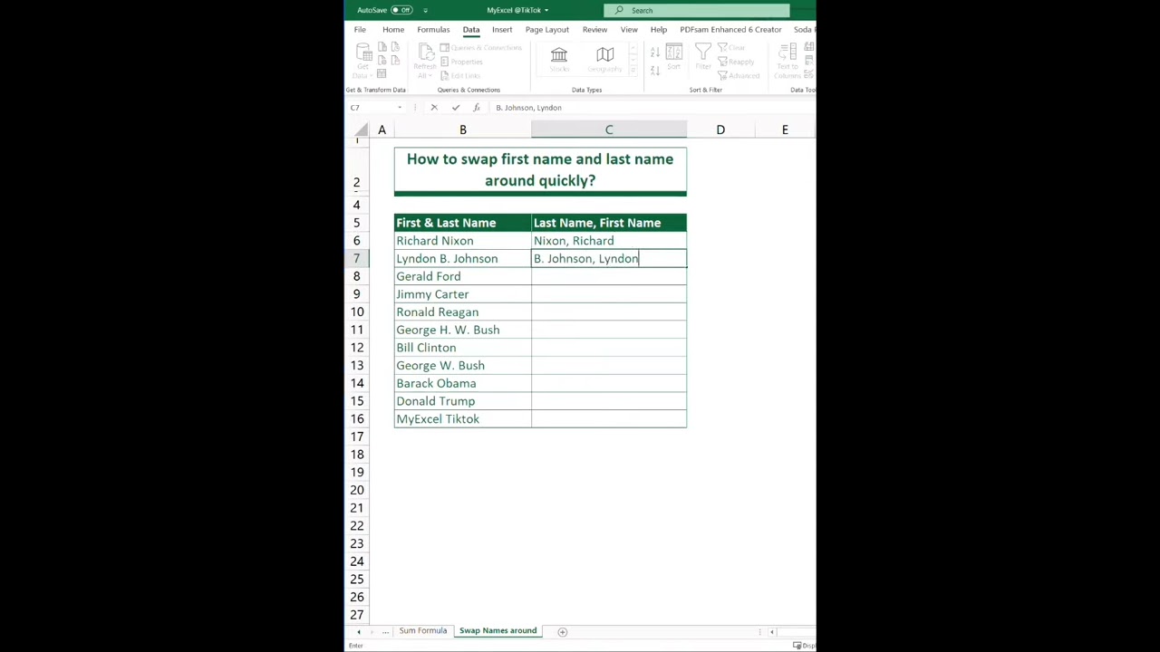 How to Swap First and last Name quickly  Swap Names in excel sheet