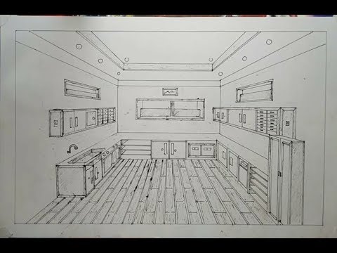 How To Draw 1 Point Perspective Simple Kitchen Set - YouTube