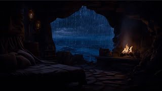 Hide in the Seaside Cave when the Rain & Thunder come⛈️Relax with Waves, Rain &  Campfire sounds🔥