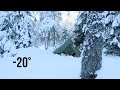 Solo Camping in -20°, Hot Tent in Deep Snow, Reindeer Pelt Bed.