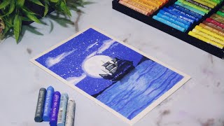 Oil Pastel Drawing for beginners - How to draw ship scenery with oil pastel - Oil pastel landscape