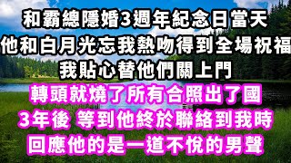 和霸總隱婚3週年紀念日當天，他和白月光忘我熱吻得到全場祝福，我貼心替他們關上門，轉頭就燒了所有合照出了國，3年後等到他終於聯絡到我時，回應他的是一道不悅的男聲#爽文完結#一口氣看完#小三#豪門#霸總