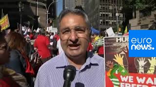 Protesters gather outside the UN in New York as Pakistan's Prime Minister speaks | Live