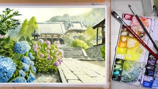 アジサイとお寺の相性はバツグン　／　奈良県・矢田寺 【透明水彩風景画】  Japanese flower, Hydrangea　【Watercolor】