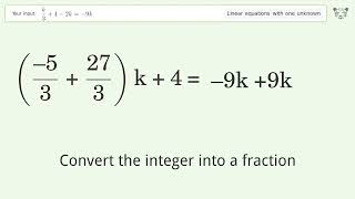 Solve k/3+4-2k=-9k: Linear Equation Video Solution | Tiger Algebra