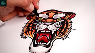 How to Draw Out a Tattoo Design of an Old School Tiger Front View