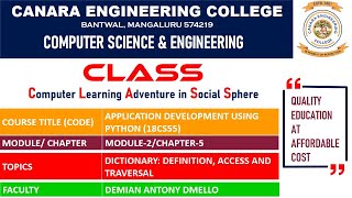 VTU ADP (18CS55) Python Programming: Dictionary [Data Access and Traversal] (M2 L4)