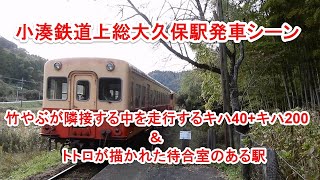 【小湊鉄道上総大久保駅発車シーン】竹やぶの側をキハ40+キハ200が走行＆トトロの描かれた待合室のある駅