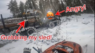 Driving snowmobile around Angry forest machine operator! (MY SLED GOT DESTROYED!)