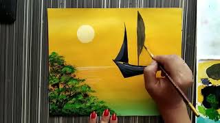 Sailboat sunset seascape acrylic painting|Simple acrylic sunset painting tutorial for beginners.