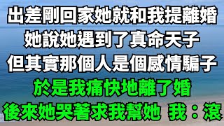 出差剛回家她就和我提離婚，她說她遇到了真命天子，但其實那個人是個感情騙子，於是我痛快地離了婚，後來她哭著求我幫她我：滾【故事簍子】#落日溫情#情感故事#花開富貴#深夜淺讀#家庭矛盾#爽文