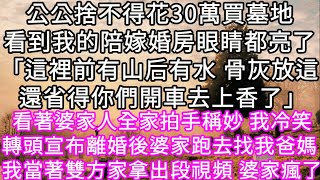 公公捨不得花30萬買墓地看到我的陪嫁婚房眼睛都亮了「這裡前有山后有水 骨灰放這 還省得你們開車去上香了」 看著婆家人全家拍手稱妙我冷笑#心書時光 #為人處事 #生活經驗 #情感故事 #唯美频道 #爽文