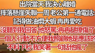 【完結】出院當天我決心離婚，摔落懸崖失聯一周老公第一通電話：記得做油燜大蝦 冉冉愛吃，沒聽到我回答 他怒罵：冉冉腿擦傷了，一個人行動不方便我照顧她是應該的，不料下秒 我笑著一句話他瘋了【爽文】【婚姻】