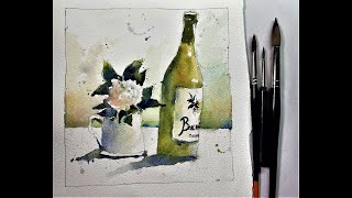White Flower and Gold Wine Bottle Watercolor Painting - with Chris Petri