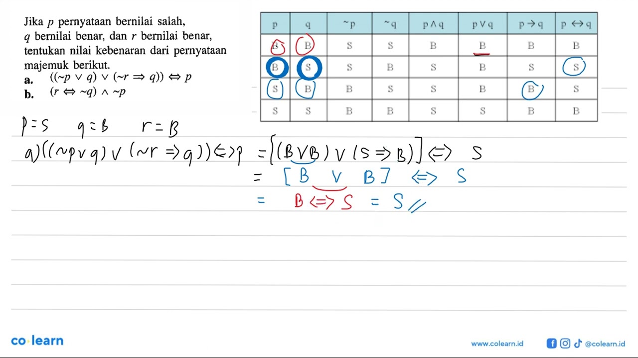 Jika P Pernyataan Bernilai Salah, Q Bernilai Benar, Dan R Bernilai ...