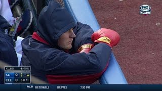 KC@CLE: Bauer sports boxing gloves in dugout