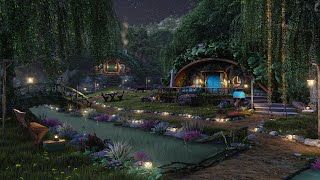 Hobbit Village Ambience🌙Night Time In The Shire, Calming Nature Sounds, Occasional Rain, Wind Chimes