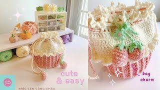 cute cupcake bag and strawberry bag charms| hướng dẫn móc túi cupcake trái dâu🍓| ChâuCrochet#103