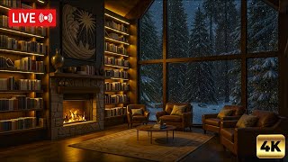 Live Cozy Library Ambience at Night | Fireplace \u0026 Snowfall ASMR | Relax, De-Stress \u0026 Sleep in 4K