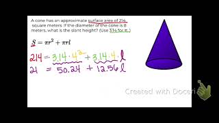 Find slant height of cone given surface area