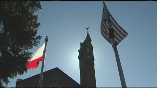 Polish flag flying outside Chicopee City Hall for St. Joseph's Day