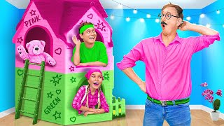 WE BUILD A TINY PINK & GREEN HOUSE AT HOME || DIY Secret Rooms! Parenting Hacks by 123 GO! FOOD